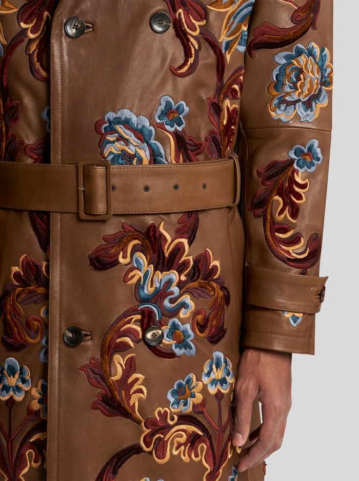 Men Etro Coats And Outerwear Leather Trench Coat With Embroidery Brown Men Etro Coats And Outerwear Leather Trench Coat With Embroidery Brown