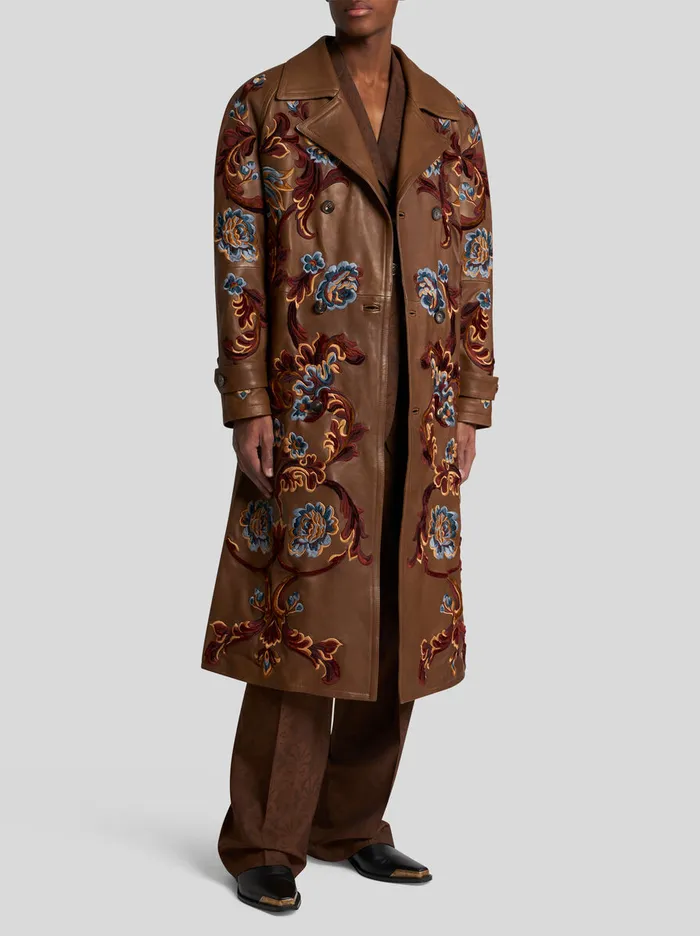Men Etro Coats And Outerwear Leather Trench Coat With Embroidery Brown Men Etro Coats And Outerwear Leather Trench Coat With Embroidery Brown