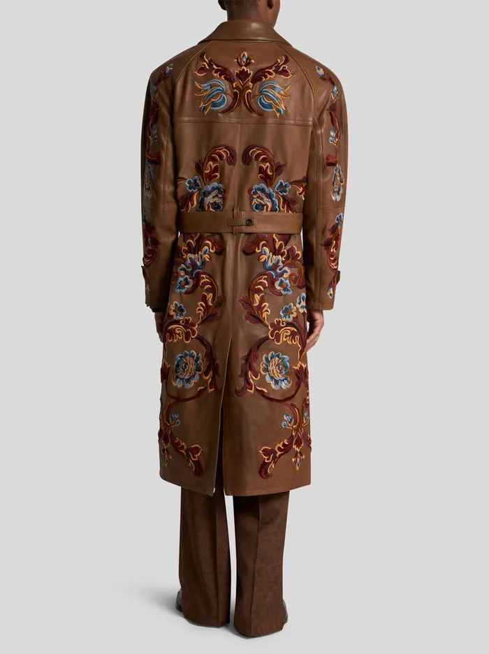 Men Etro Coats And Outerwear Leather Trench Coat With Embroidery Brown Men Etro Coats And Outerwear Leather Trench Coat With Embroidery Brown