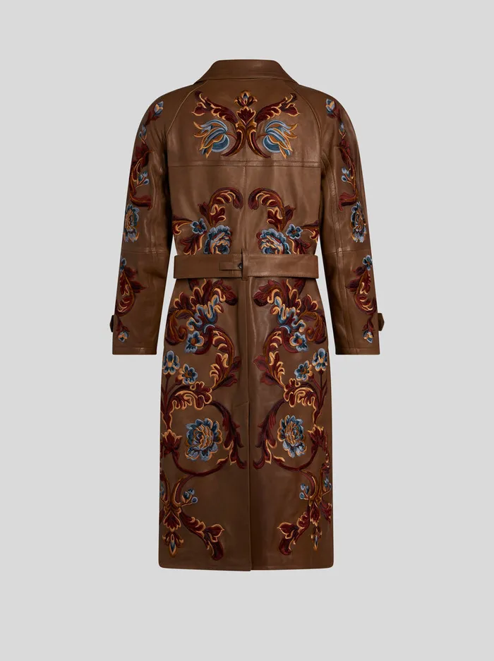 Men Etro Coats And Outerwear Leather Trench Coat With Embroidery Brown Men Etro Coats And Outerwear Leather Trench Coat With Embroidery Brown