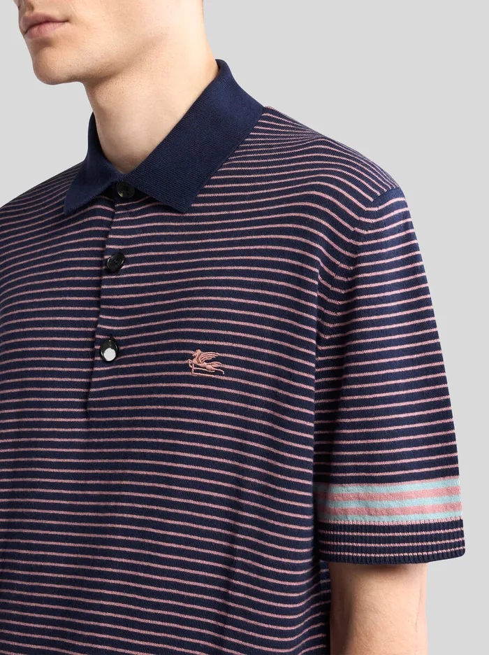 Men Etro Polo Shirts Striped Knit Polo Shirt With Pegaso Detail Black Men Etro Polo Shirts Striped Knit Polo Shirt With Pegaso Detail Black