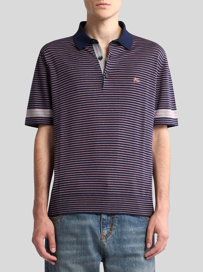 Men Etro Polo Shirts Striped Knit Polo Shirt With Pegaso Detail Black Men Etro Polo Shirts Striped Knit Polo Shirt With Pegaso Detail Black