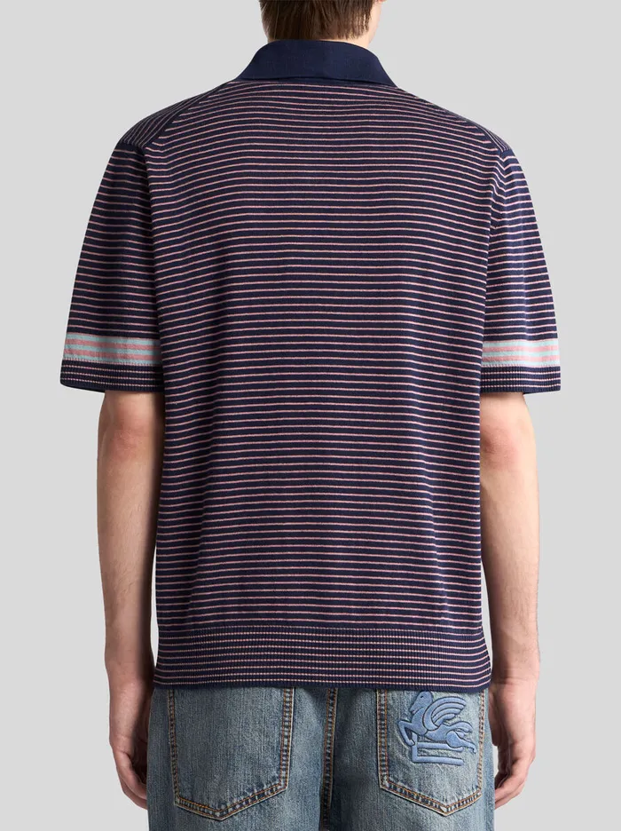 Men Etro Polo Shirts Striped Knit Polo Shirt With Pegaso Detail Black Men Etro Polo Shirts Striped Knit Polo Shirt With Pegaso Detail Black