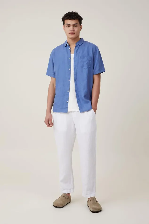 Men Shirts and Polos Cotton On Linen Short Sleeve Shirt Pacific Blue Men Shirts and Polos Cotton On Linen Short Sleeve Shirt Pacific Blue