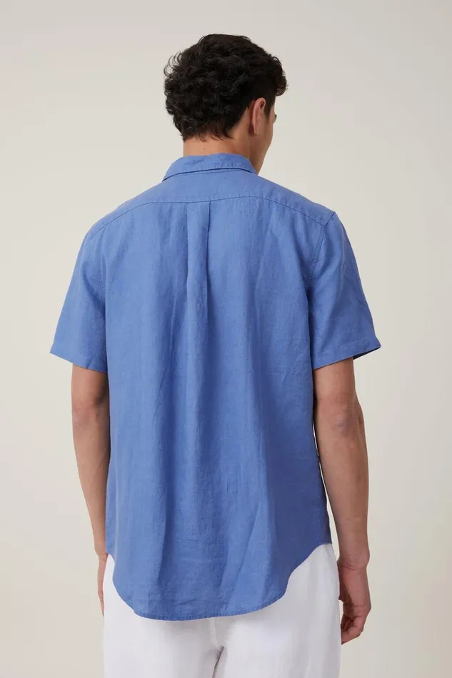 Men Shirts and Polos Cotton On Linen Short Sleeve Shirt Pacific Blue Men Shirts and Polos Cotton On Linen Short Sleeve Shirt Pacific Blue