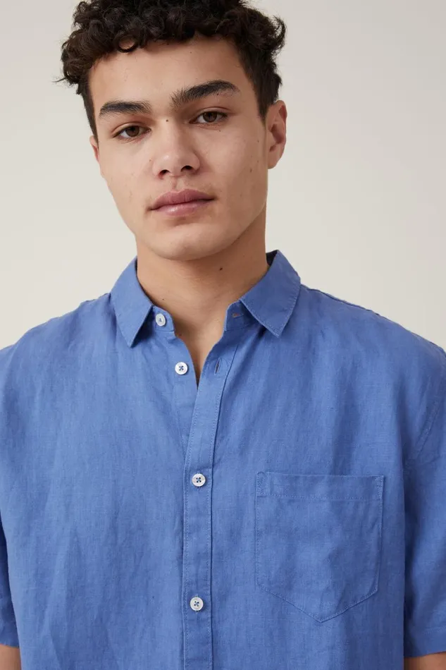 Men Shirts and Polos Cotton On Linen Short Sleeve Shirt Pacific Blue Men Shirts and Polos Cotton On Linen Short Sleeve Shirt Pacific Blue