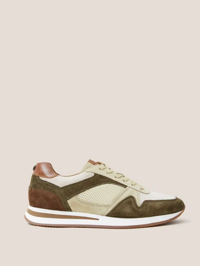 Men White Stuff Trainers Leather Retro Lace Up Trainer Khaki Green