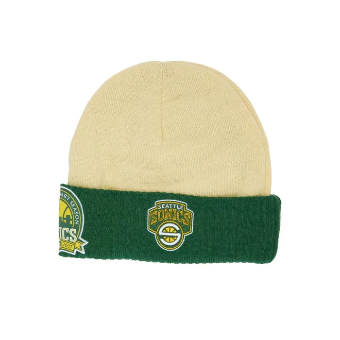 Mitchell and Ness Cream Side Patch Knit HWC Seattle Supersonics Men Hats and Headwear Mitchell and Ness Cream Side Patch Knit HWC Seattle Supersonics Men Hats and Headwear