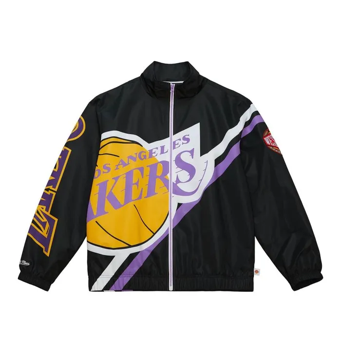 Mitchell and Ness Exploded Logo Warm Up Jacket Los Angeles Lakers Men Jackets and Outerwear Mitchell and Ness Exploded Logo Warm Up Jacket Los Angeles Lakers Men Jackets and Outerwear