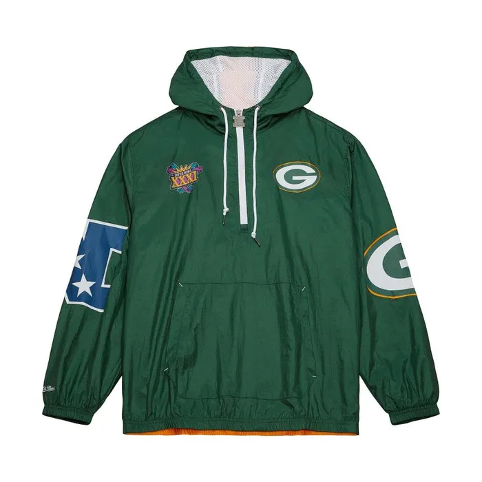 Mitchell and Ness Team OG 20 Anorak Windbreaker Green Bay Packers Men Jackets and Outerwear