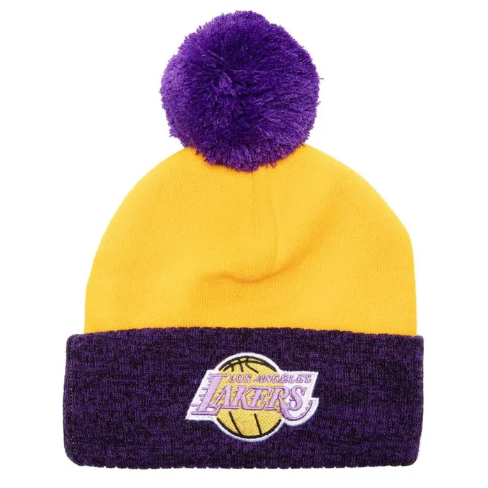 Mitchell and Ness Two Tone Pom Beanie HWC Los Angeles Lakers Men Hats and Headwear Mitchell and Ness Two Tone Pom Beanie HWC Los Angeles Lakers Men Hats and Headwear