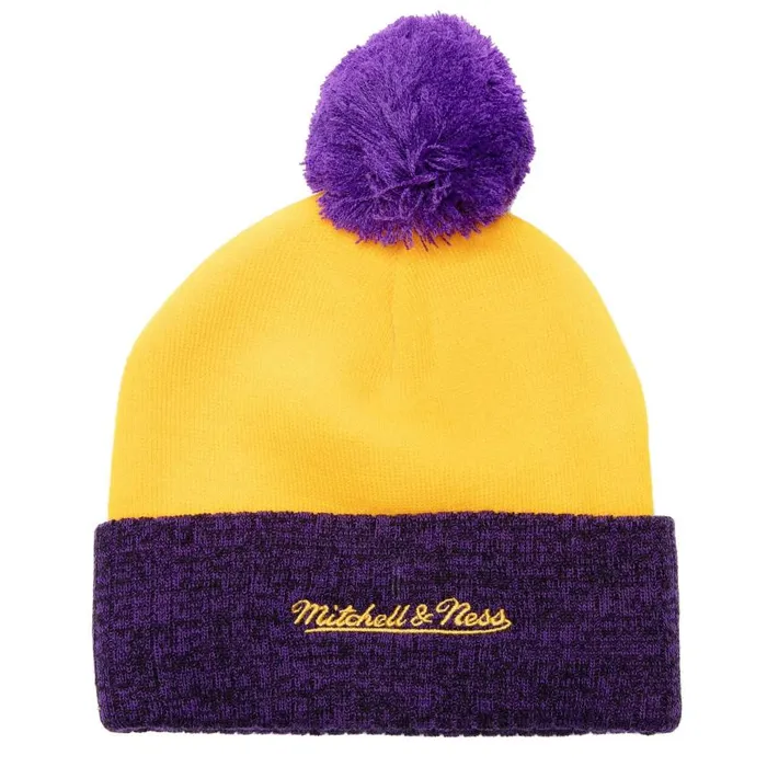 Mitchell and Ness Two Tone Pom Beanie HWC Los Angeles Lakers Men Hats and Headwear Mitchell and Ness Two Tone Pom Beanie HWC Los Angeles Lakers Men Hats and Headwear