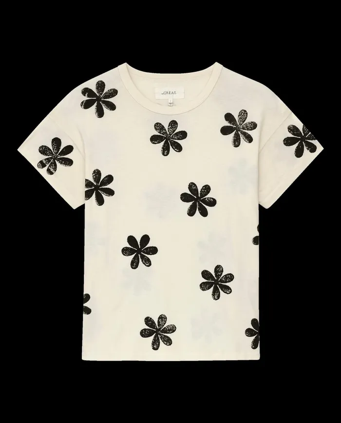 Novelty Tees and Sweats Women The Great The Hand Stamped Boxy Crew Washed White With Black Daisy Novelty Tees and Sweats Women The Great The Hand Stamped Boxy Crew Washed White With Black Daisy