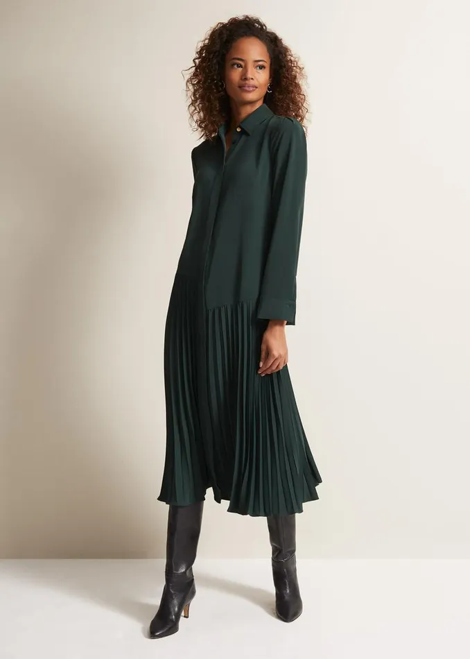 Phase Eight Dresses Helena Pleated Shirt Midi Dress Dark Green 8211 Women