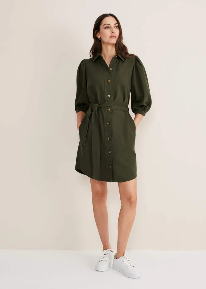 Phase Eight Dresses Josephine Denim Puff Sleeve Dress Khaki 8211 Women