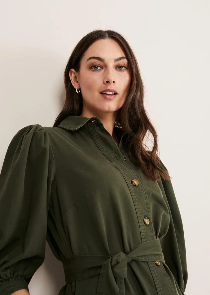Phase Eight Dresses Josephine Denim Puff Sleeve Dress Khaki 8211 Women