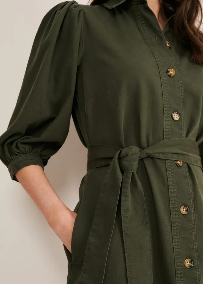 Phase Eight Dresses Josephine Denim Puff Sleeve Dress Khaki 8211 Women