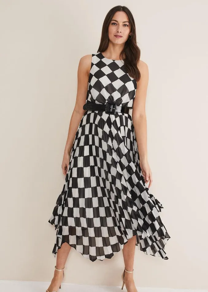 Phase Eight Dresses Laurel Checked Pleated Midi Dress Blackwhite 8211 Women