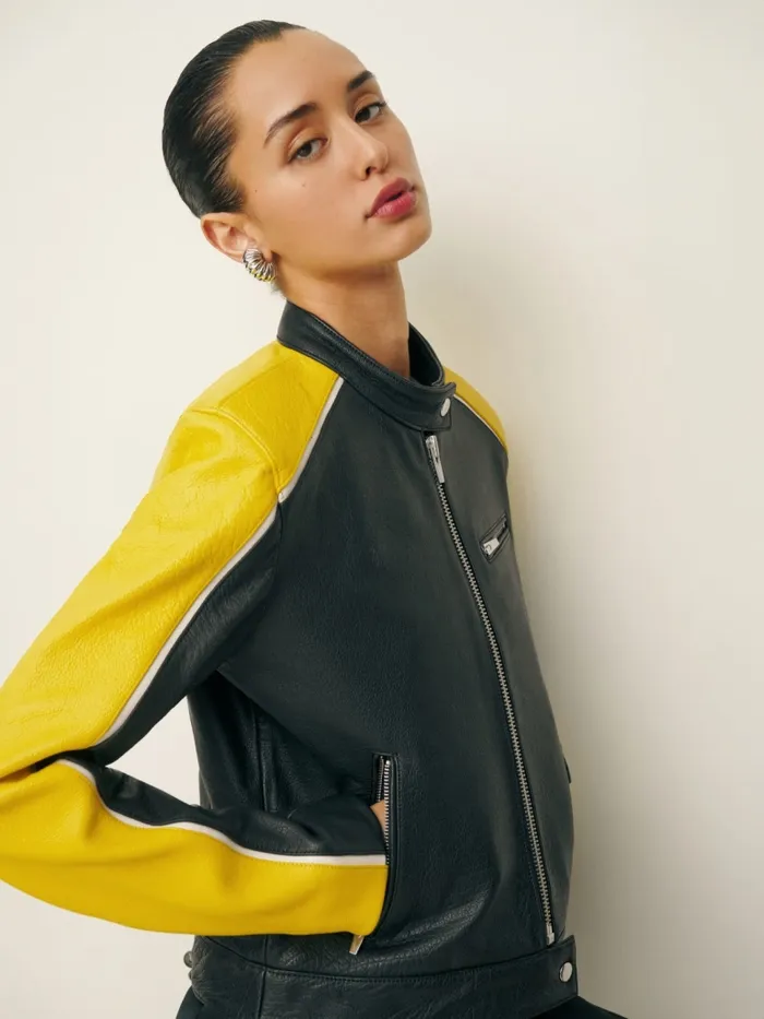 Reformation Outerwear Veda Riverside Leather Jacket Yellow Ivory Stripe 8211 Women Reformation Outerwear Veda Riverside Leather Jacket Yellow Ivory Stripe 8211 Women