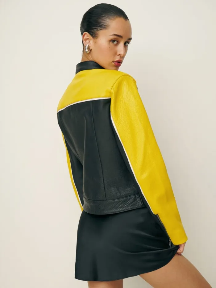 Reformation Outerwear Veda Riverside Leather Jacket Yellow Ivory Stripe 8211 Women Reformation Outerwear Veda Riverside Leather Jacket Yellow Ivory Stripe 8211 Women