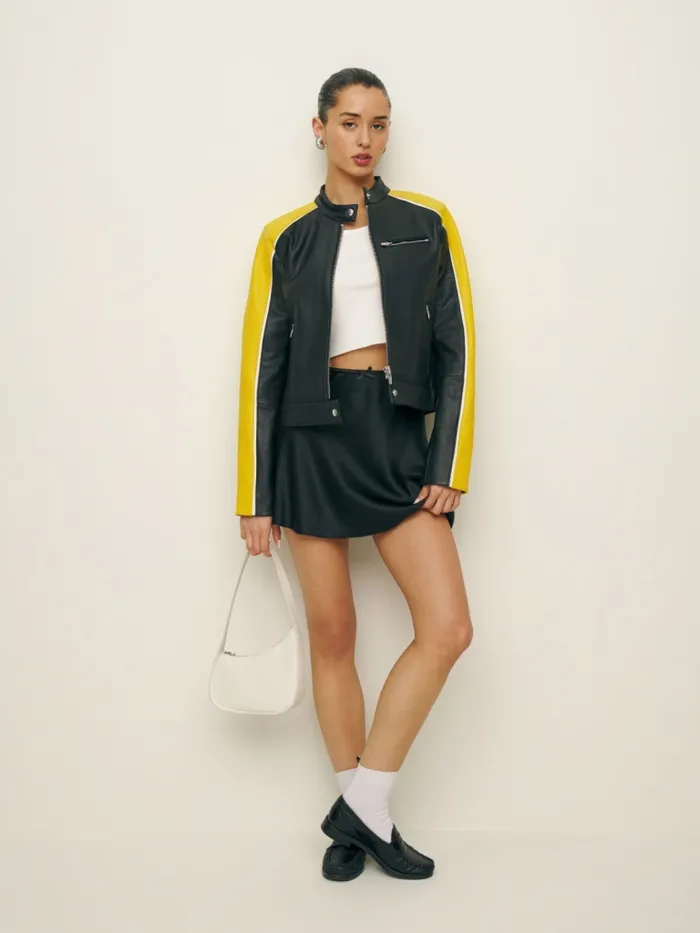 Reformation Outerwear Veda Riverside Leather Jacket Yellow Ivory Stripe 8211 Women Reformation Outerwear Veda Riverside Leather Jacket Yellow Ivory Stripe 8211 Women