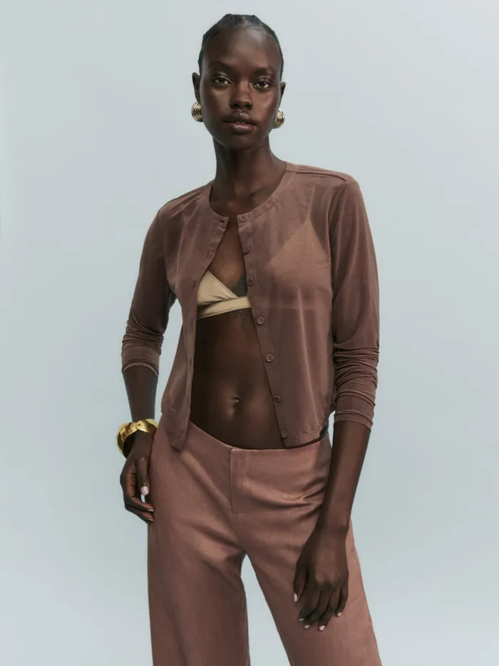 Reformation Tops Kate Sheer Knit Cardigan Cafe 8211 Women Reformation Tops Kate Sheer Knit Cardigan Cafe 8211 Women