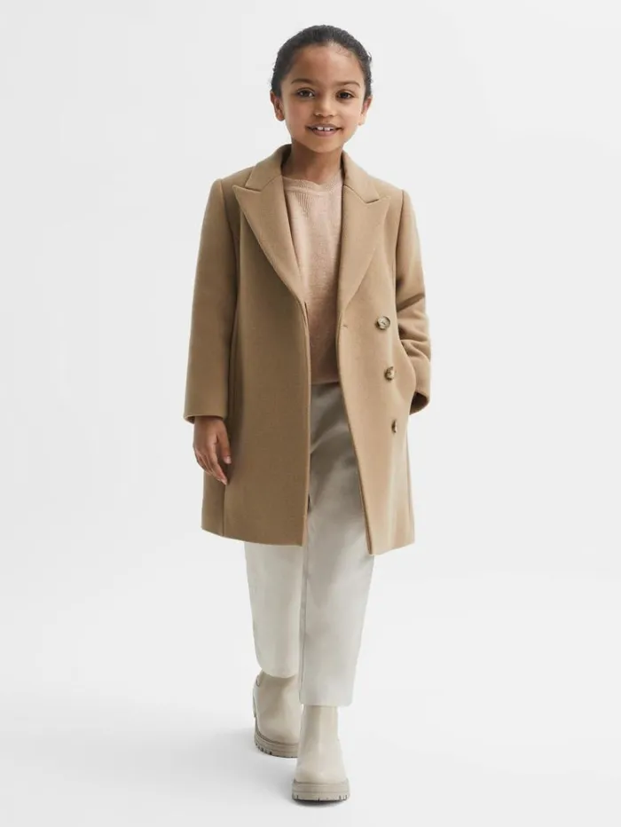 REISS Coats and Jackets Children Mid Length Wool Blend Coat Camel