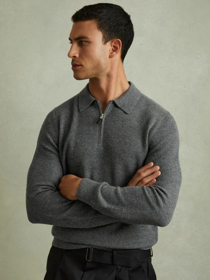 REISS Merino Sweaters Men Wool HalfZip Polo Shirt Grey Melange