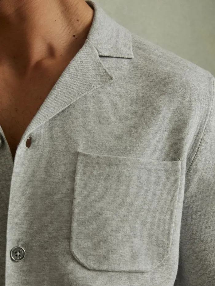 REISS Shirts Men Knitted Cuban Collar Shirt Soft Grey Melange