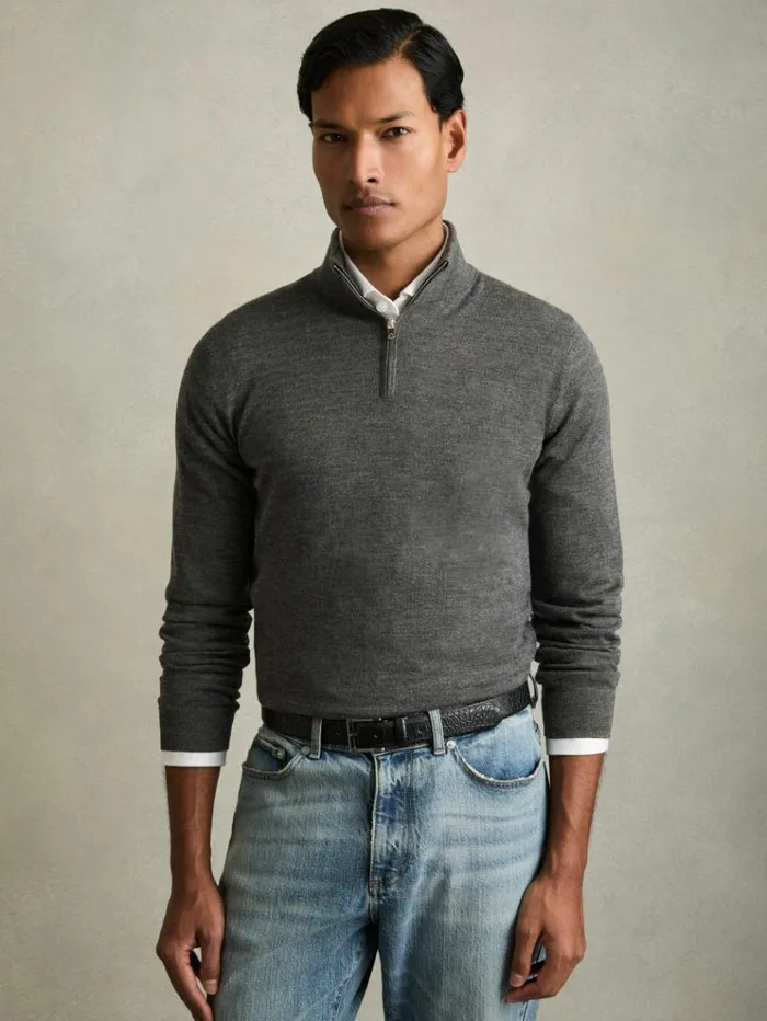 REISS Sweaters Men Merino Wool HalfZip Funnel Neck Jumper Derby Grey Marl
