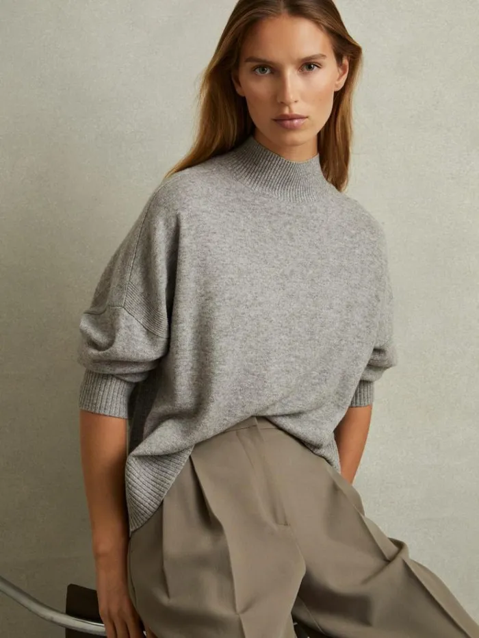REISS Sweaters Women Wool Blend Funnel Neck Jumper Grey Marl