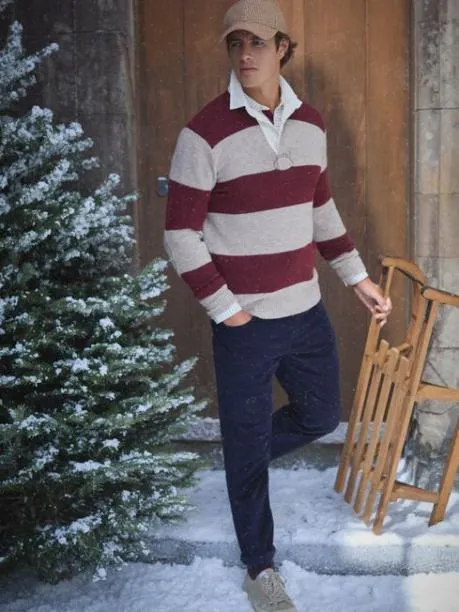 Rugby Shirts Men Joules Burgundy and Cream Knitted Rugby Shirt