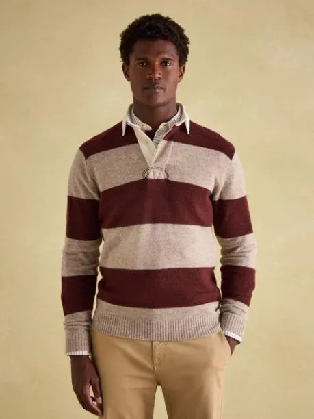 Rugby Shirts Men Joules Burgundy and Cream Knitted Rugby Shirt