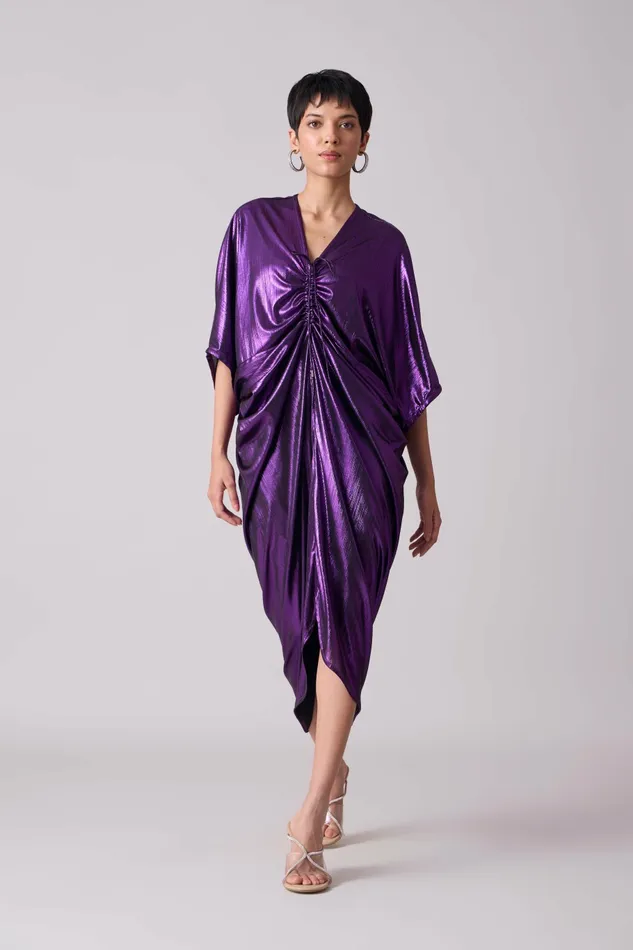 Scarlet Sage Dresses Aika Metallic Rouche Dress 8211 Purple 8211 Women