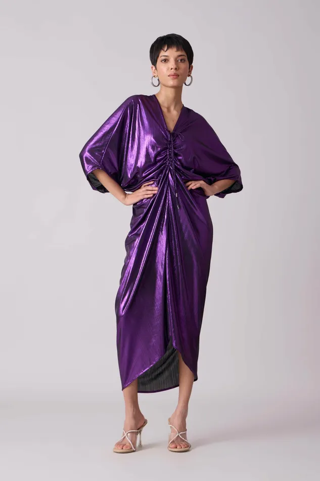Scarlet Sage Dresses Aika Metallic Rouche Dress 8211 Purple 8211 Women