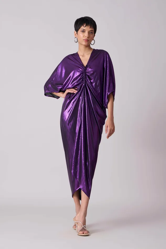 Scarlet Sage Dresses Aika Metallic Rouche Dress 8211 Purple 8211 Women