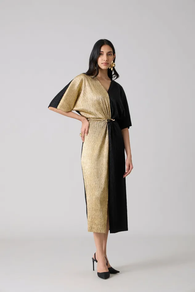 Scarlet Sage Dresses Cecil Midi Textured Metallic Dress 8211 Black and Gold 8211 Women