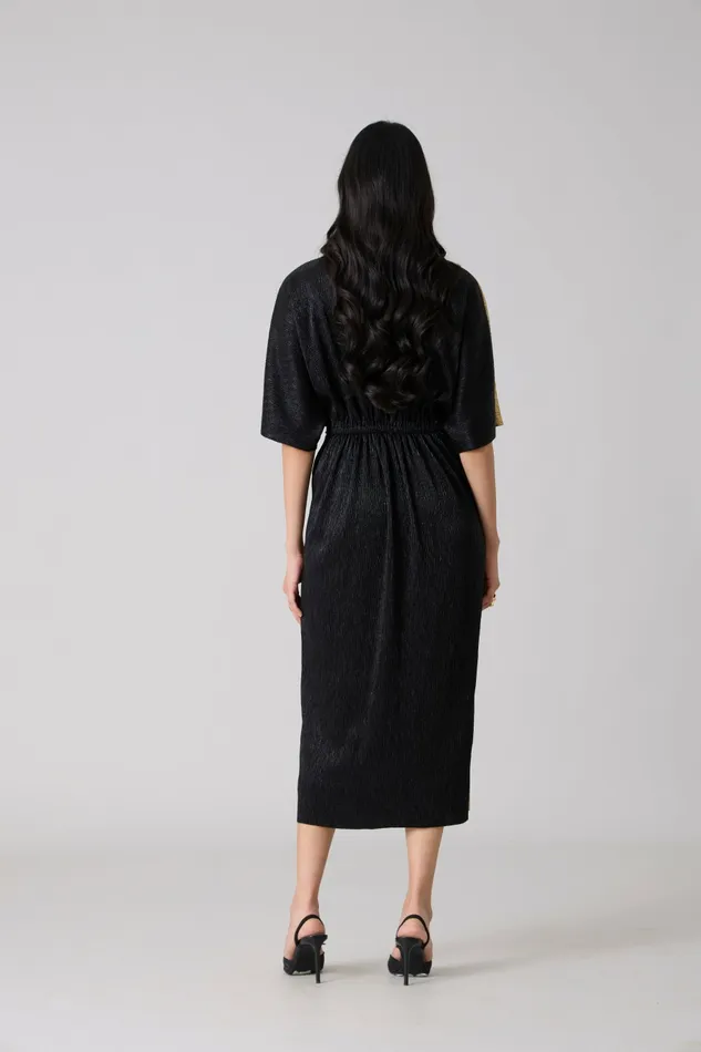 Scarlet Sage Dresses Cecil Midi Textured Metallic Dress 8211 Black and Gold 8211 Women
