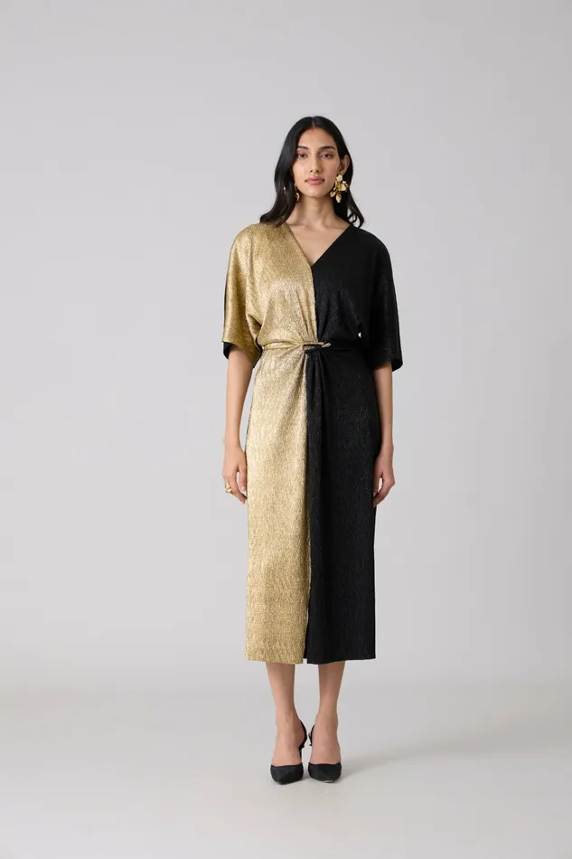 Scarlet Sage Dresses Cecil Midi Textured Metallic Dress 8211 Black and Gold 8211 Women