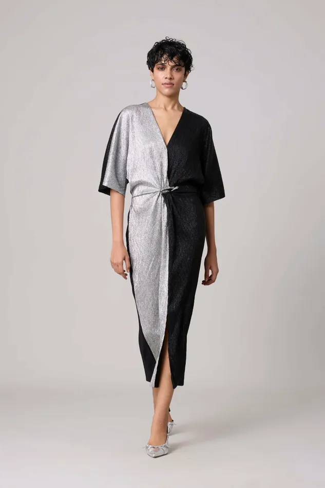 Scarlet Sage Dresses Cecil Midi Textured Metallic Dress 8211 Black and Silver 8211 Women Scarlet Sage Dresses Cecil Midi Textured Metallic Dress 8211 Black and Silver 8211 Women