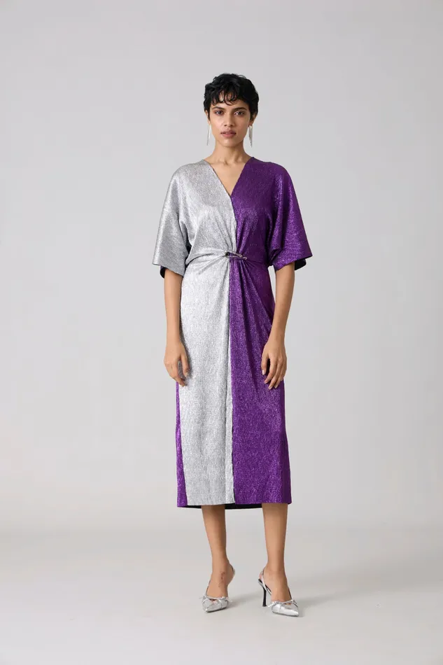 Scarlet Sage Dresses Cecil Midi Textured Metallic Dress 8211 Purple and Silver 8211 Women