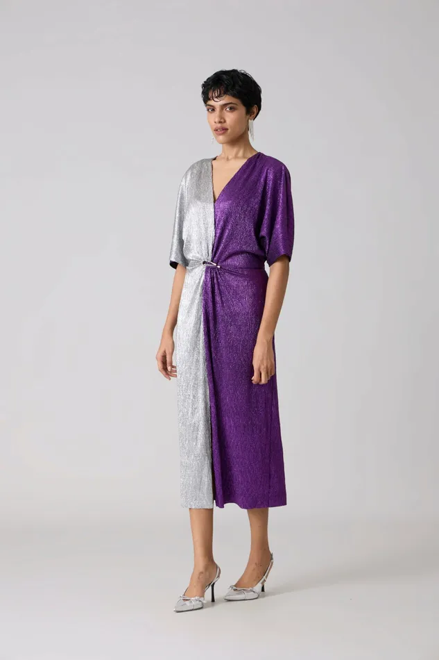 Scarlet Sage Dresses Cecil Midi Textured Metallic Dress 8211 Purple and Silver 8211 Women