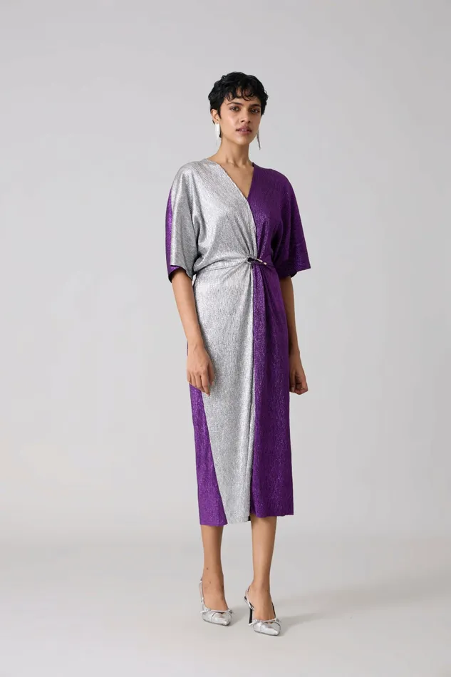 Scarlet Sage Dresses Cecil Midi Textured Metallic Dress 8211 Purple and Silver 8211 Women