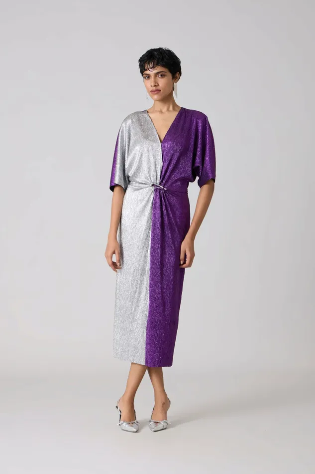 Scarlet Sage Dresses Cecil Midi Textured Metallic Dress 8211 Purple and Silver 8211 Women
