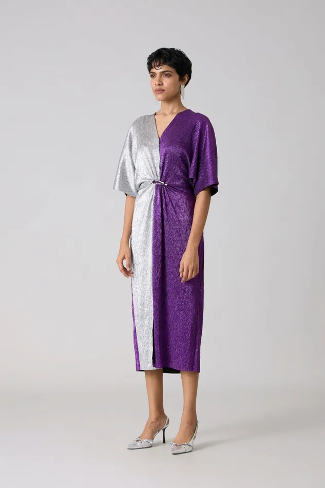 Scarlet Sage Dresses Cecil Midi Textured Metallic Dress 8211 Purple and Silver 8211 Women