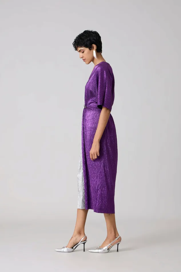 Scarlet Sage Dresses Cecil Midi Textured Metallic Dress 8211 Purple and Silver 8211 Women