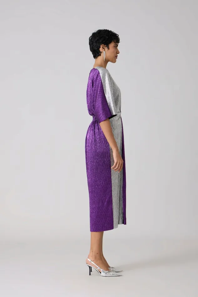 Scarlet Sage Dresses Cecil Midi Textured Metallic Dress 8211 Purple and Silver 8211 Women