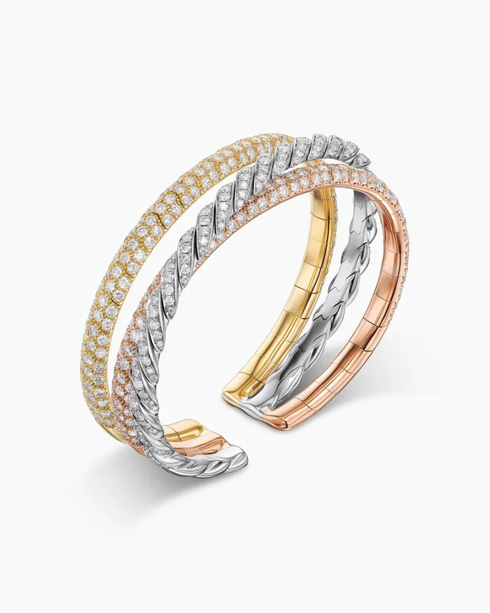 Sculpted Cable Flex Three Row Bracelet In 18K Gold With Diamonds 185mm Women David Yurman Cuff Sculpted Cable Flex Three Row Bracelet In 18K Gold With Diamonds 185mm Women David Yurman Cuff
