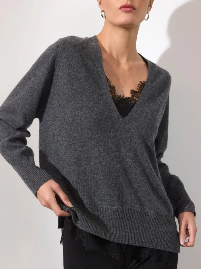 Shop Brochu Walker Sweaters The Lace Vee Looker Pullover Dark Charcoal Melange With Black Lace Shop Brochu Walker Sweaters The Lace Vee Looker Pullover Dark Charcoal Melange With Black Lace