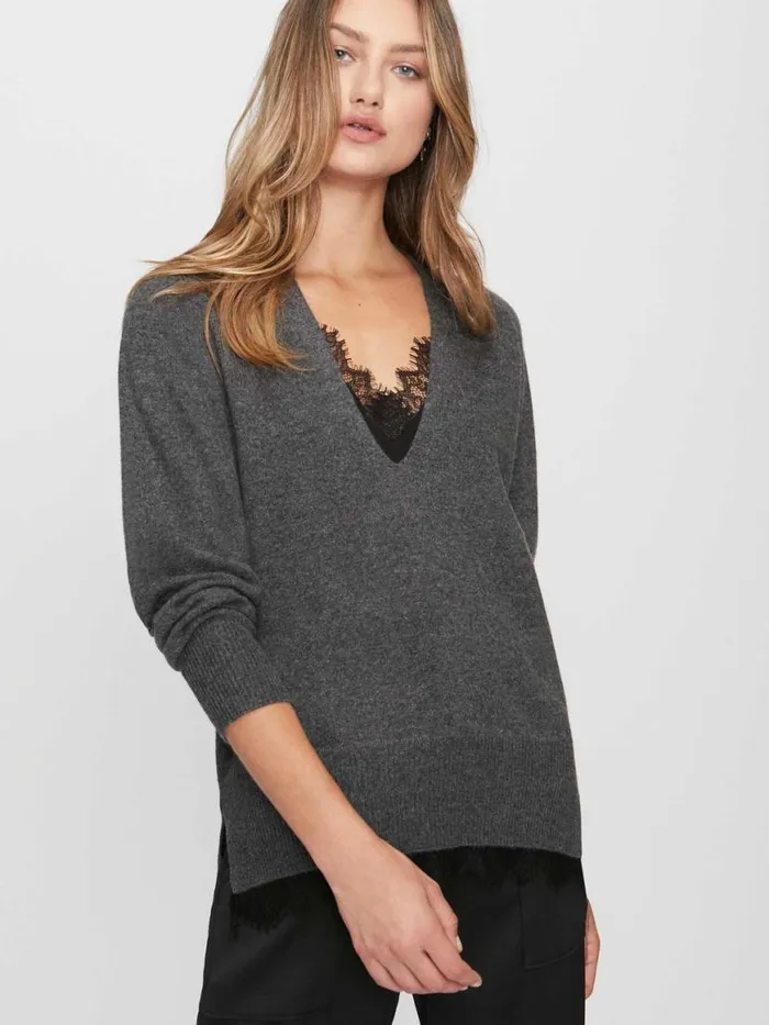 Shop Brochu Walker Sweaters The Lace Vee Looker Pullover Dark Charcoal Melange With Black Lace